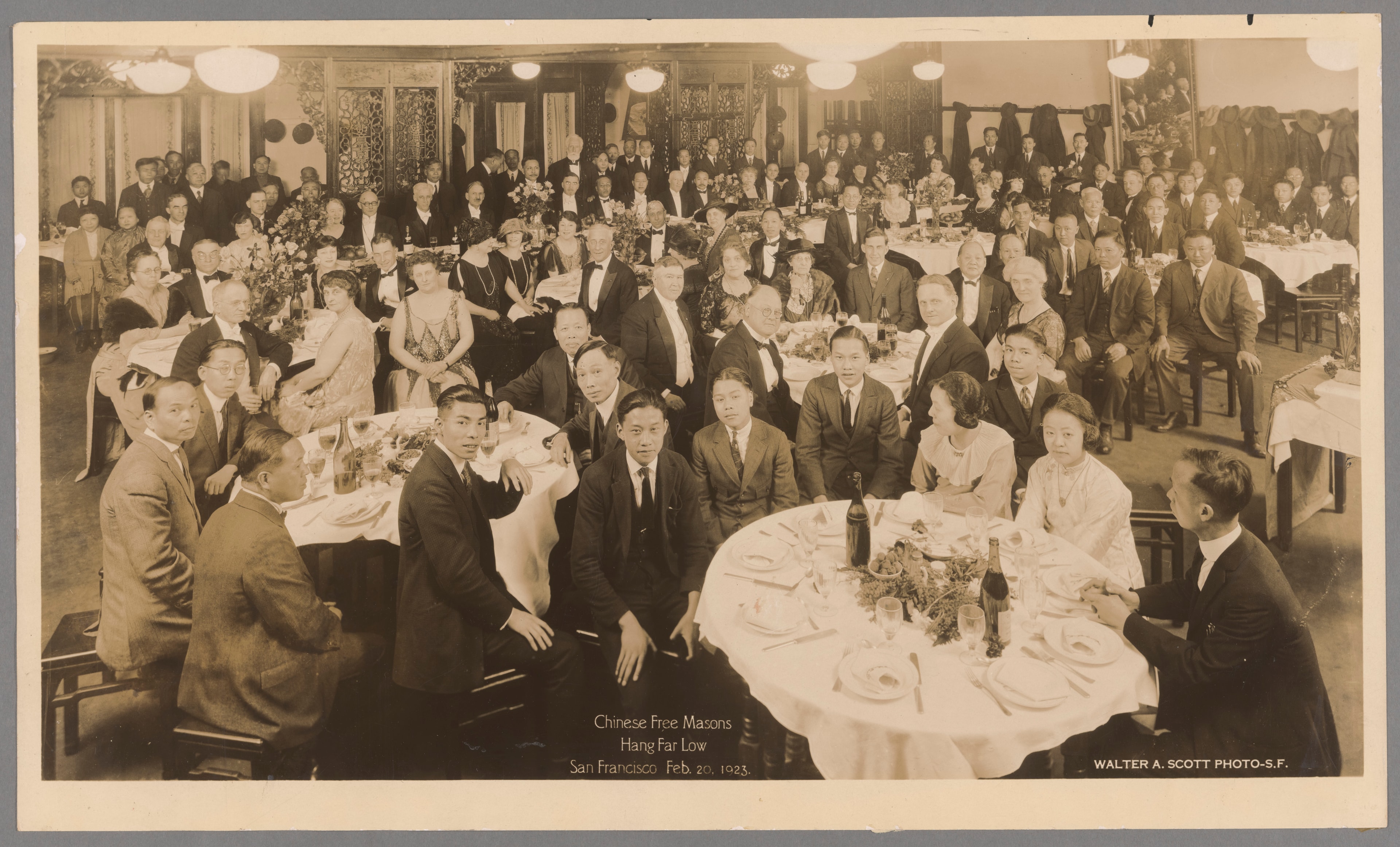 Chinese Freemasons gathering at Hang Far Low restaurant, San Francisco, February 20, 1923. Photographed by Walter A. Scott.