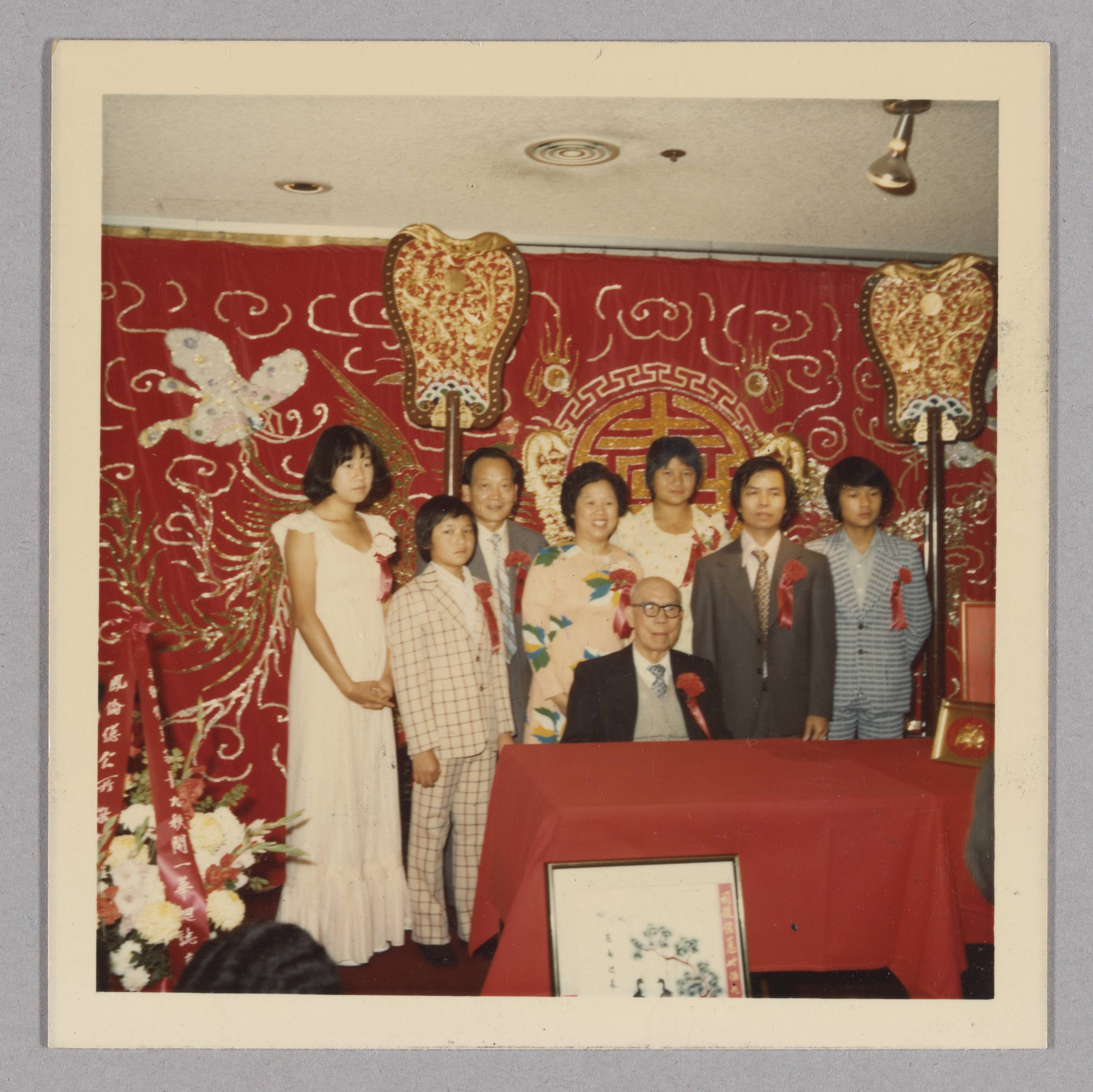Szeto Juncong's 79th birthday banquet (司徒俊蔥79歲生日宴會). Group gathered at a celebration with ceremonial backdrop. This is an archival photograph of a past event; individuals pictured are not identified.