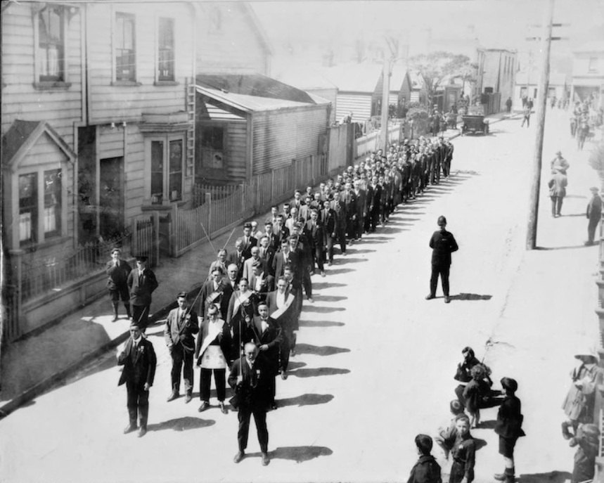 Chee Kung Tong Chinese Freemasons procession on Frederick Street, Wellington, New Zealand, cataloged as 1924.